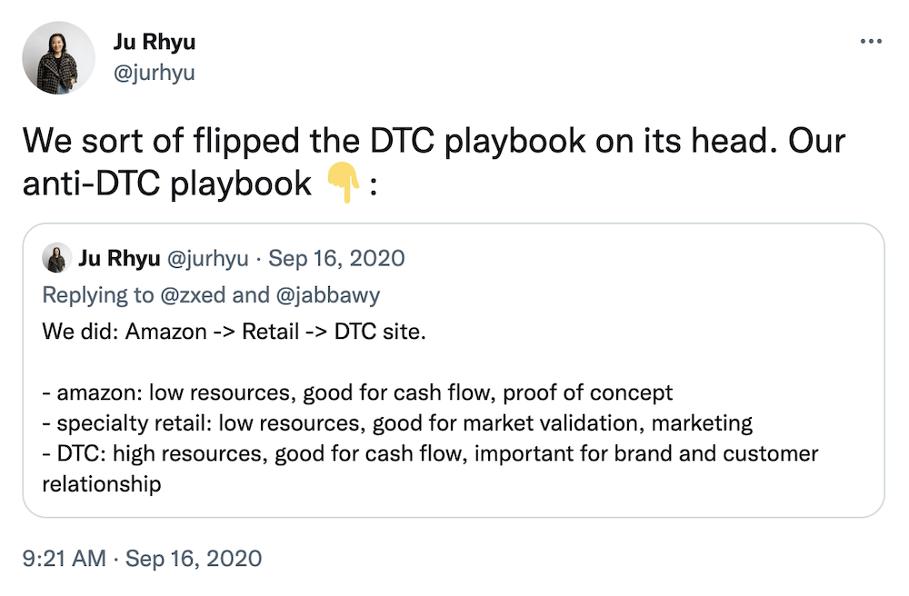 We sort of flipped the DTC playbook on its head. Our anti-DTC playbook:

We did: Amazon -> Retail -> DTC site. 

- amazon: low resources, good for cash flow, proof of concept
- specialty retail: low resources, good for market validation, marketing 
- DTC: high resources, good for cash flow, important for brand and customer relationship