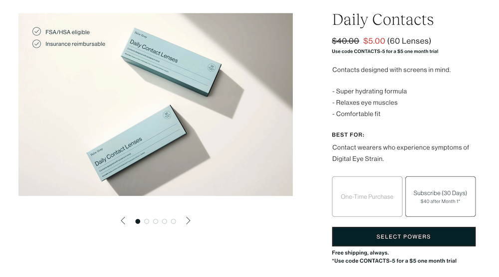 Image shows a product page for Felix Gray daily contacts.