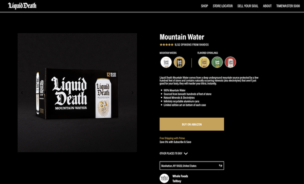Liquid Death website product page only includes the option to buy Mountain Water on Amazon or in-store, not direct from the website.