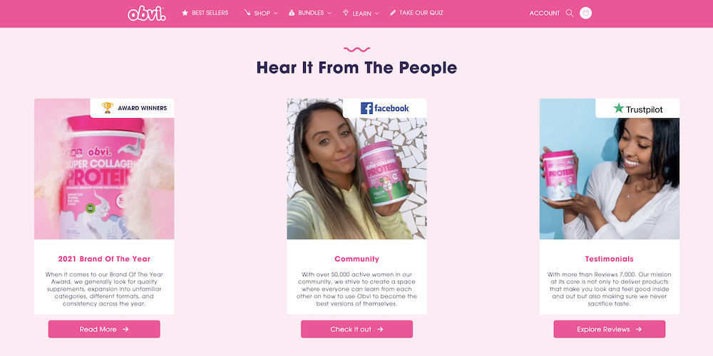 Obvi website homepage include a header "Hear It From The People" with social proof including an award, a community highlight, and testimonials.