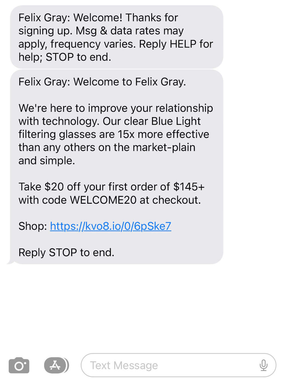 Image shows a text offering subscribers $20 off their first Felix Gray order.