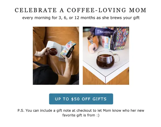 Image shows a Mother’s Day email from Atlas Coffee Club