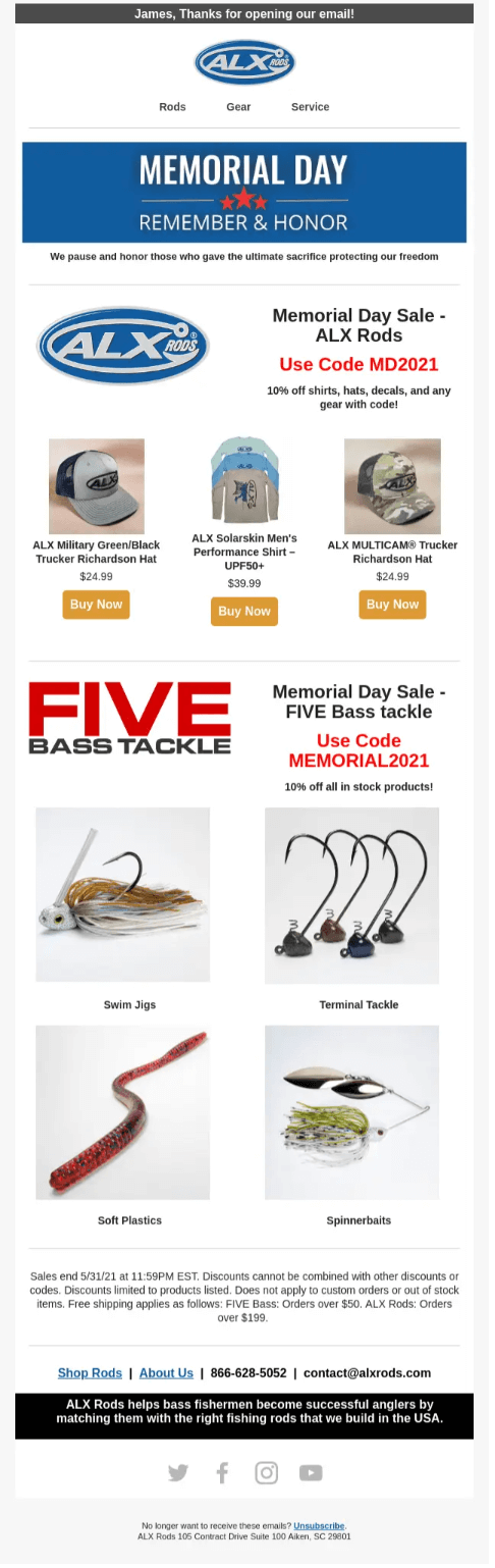Image shows a Memorial Day email campaign from Axl Rods