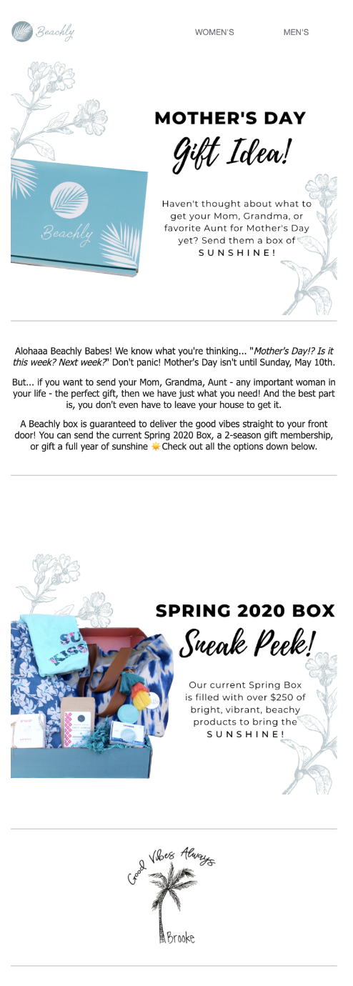 Image shows a Mother’s Day email from Beachly