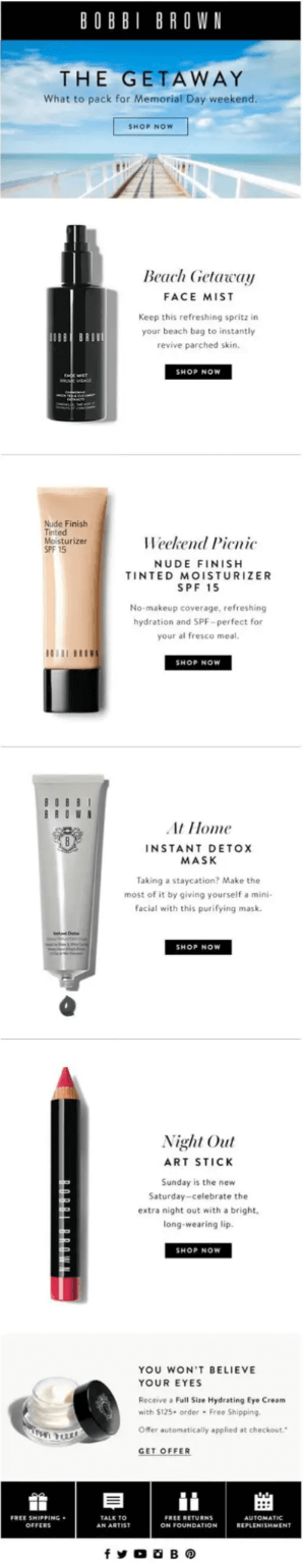 Image shows a Memorial Day email marketing campaign from Bobbi Brown