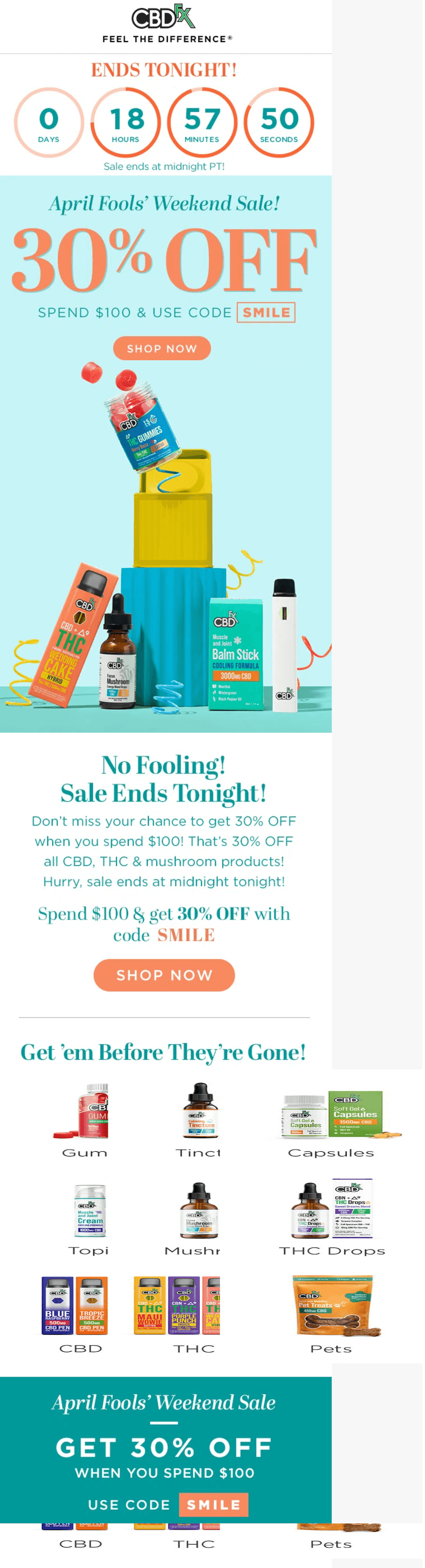 CBDFX-April-Fools-Day-email-gif-copywriting Image shows an April Fools’ Day email from CBDFX