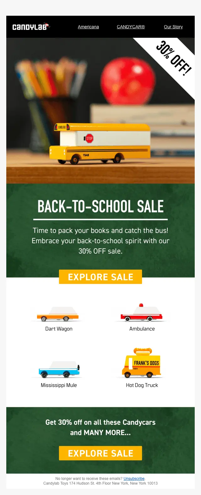 Image shows a back-to-school email from Candylab Toys, with a back-to-school promotion