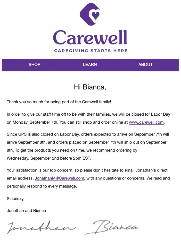 Image shows a Labor Day marketing email from Carewell