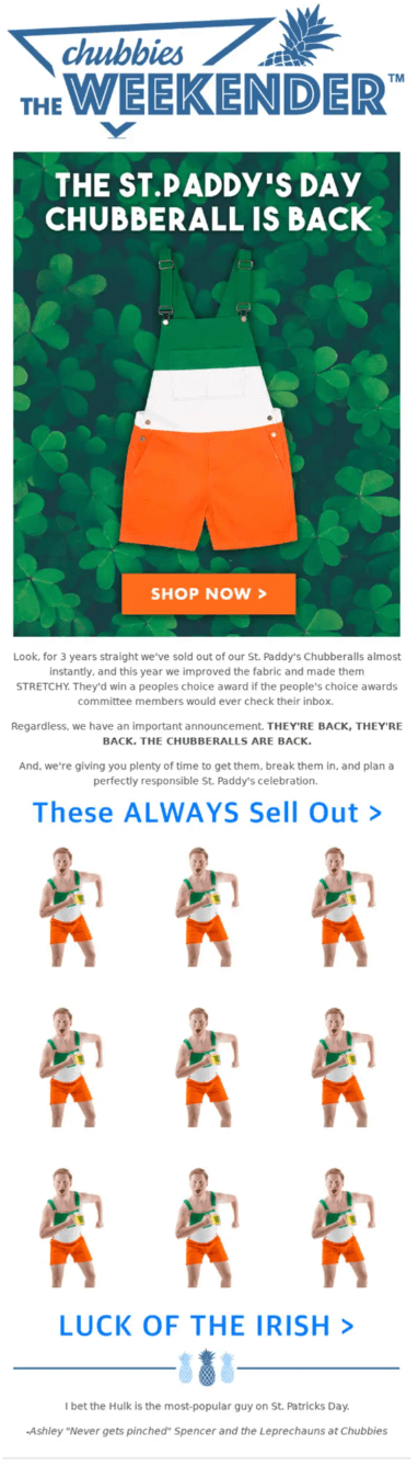 Image shows a St. Patrick’s Day marketing email from Chubbies