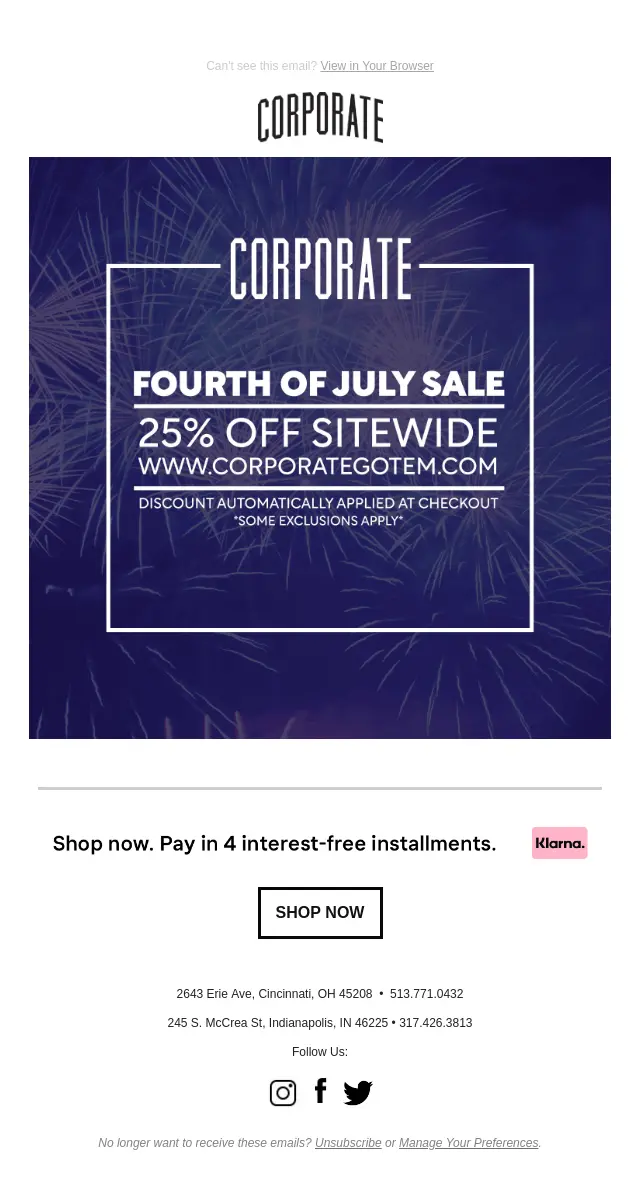 Image shows an email message promoting a July 4th sale