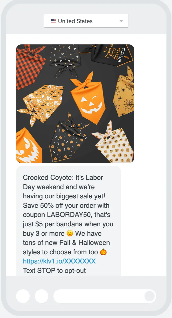 Image shows an MMS marketing message from Crooked Coyote