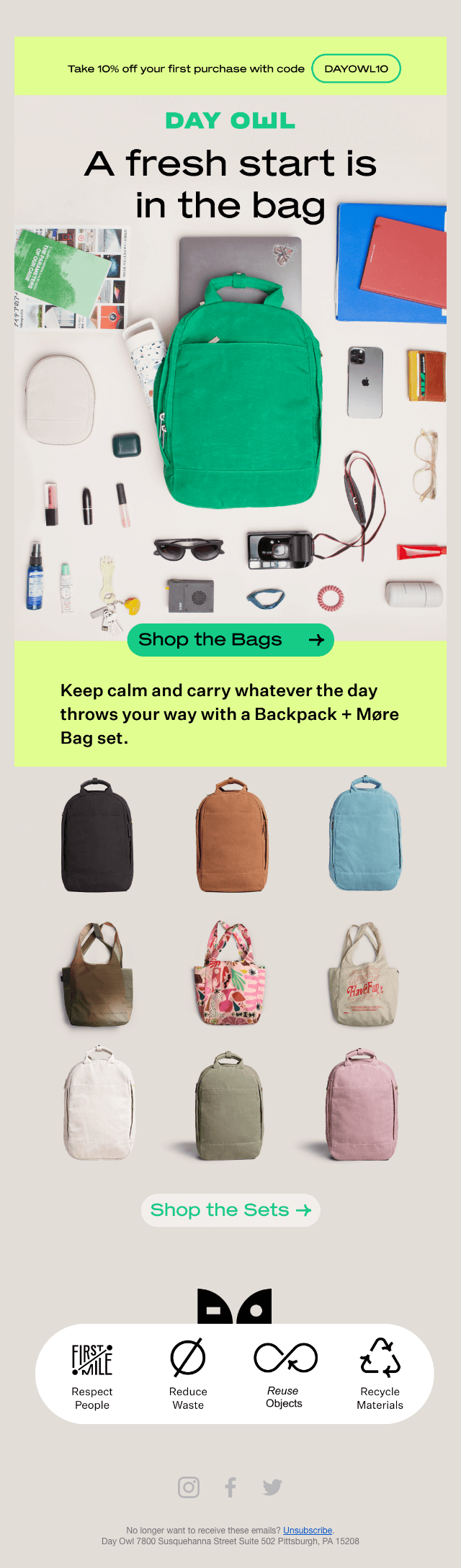 Image shows a back-to-school email from DayOwl, with images that indicate a school shopping list