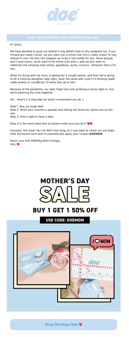 Image shows a Mother’s Day email from Doe Lashes