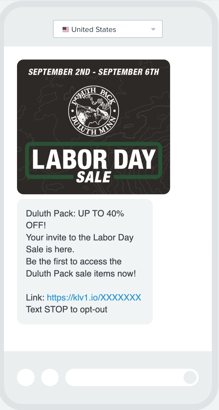 Duluth-Pack-Happy-Labor-Day Image shows an MMS marketing message from Duluth Pack