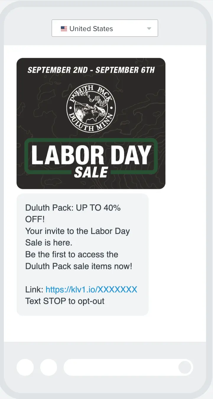 Image shows an MMS marketing message from Duluth Pack