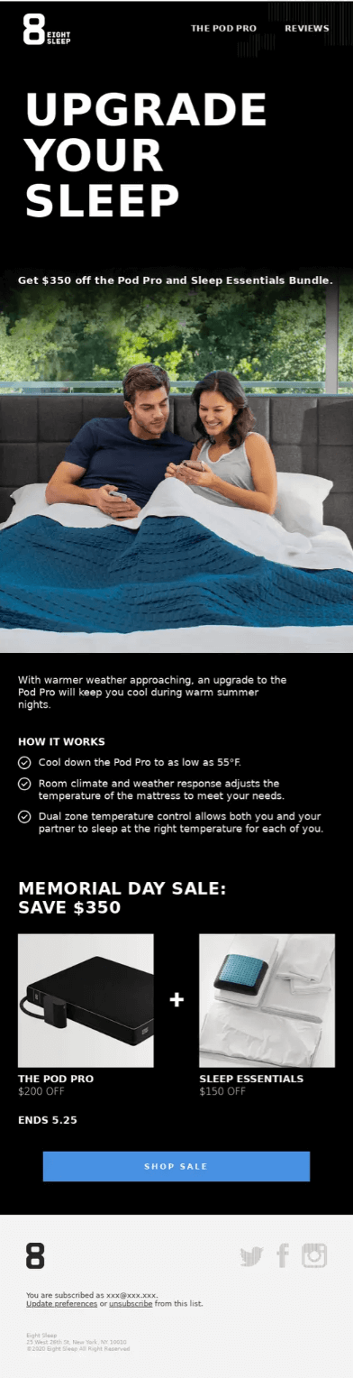 Image shows a Memorial Day email marketing campaign from Eightsleep