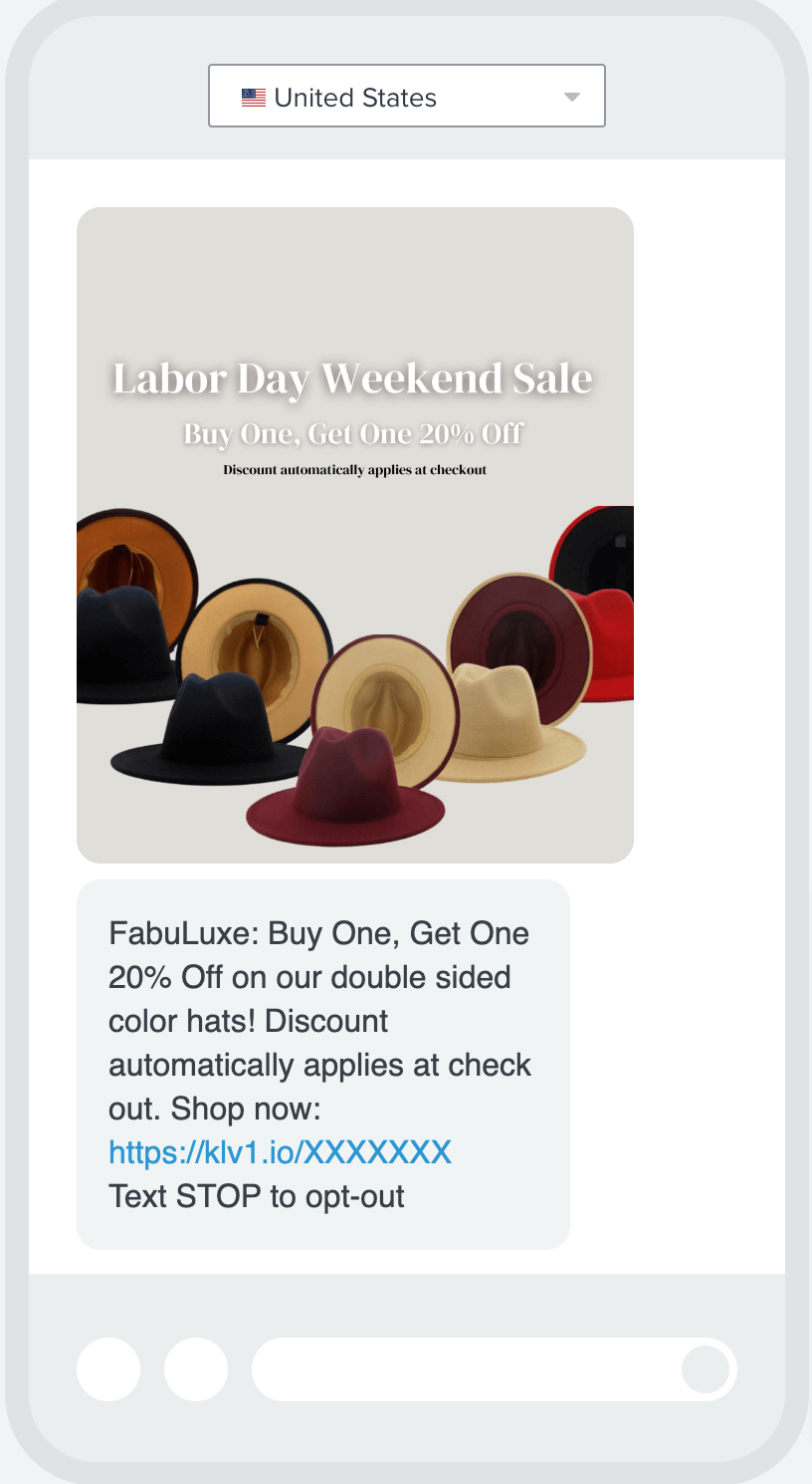 Fabuluxe-labor-day-promotion-credit-card Image shows an MMS marketing message from Fabuluxe