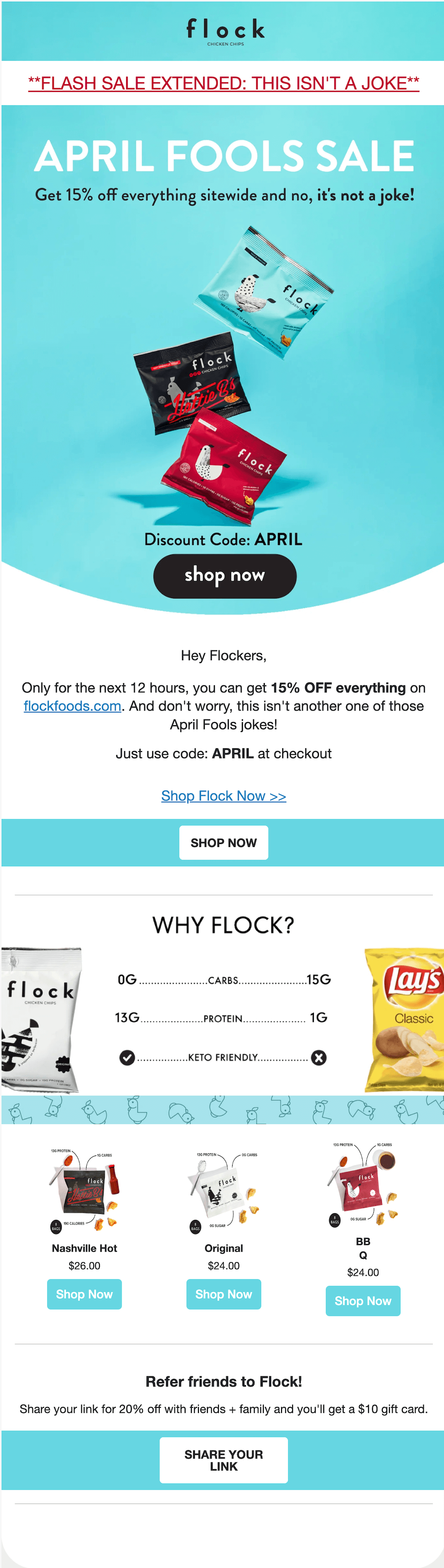 Image shows an April Fools’ Day email from Flock Foods