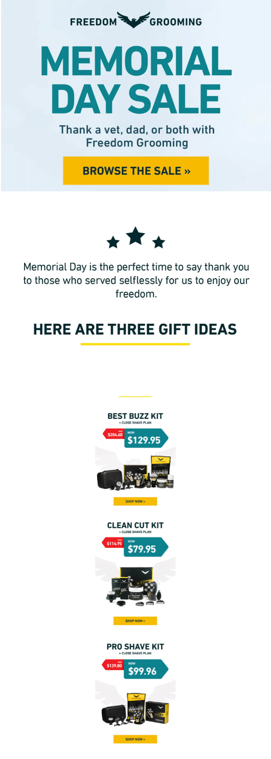 Image shows a Memorial Day email marketing campaign from Freedom Grooming