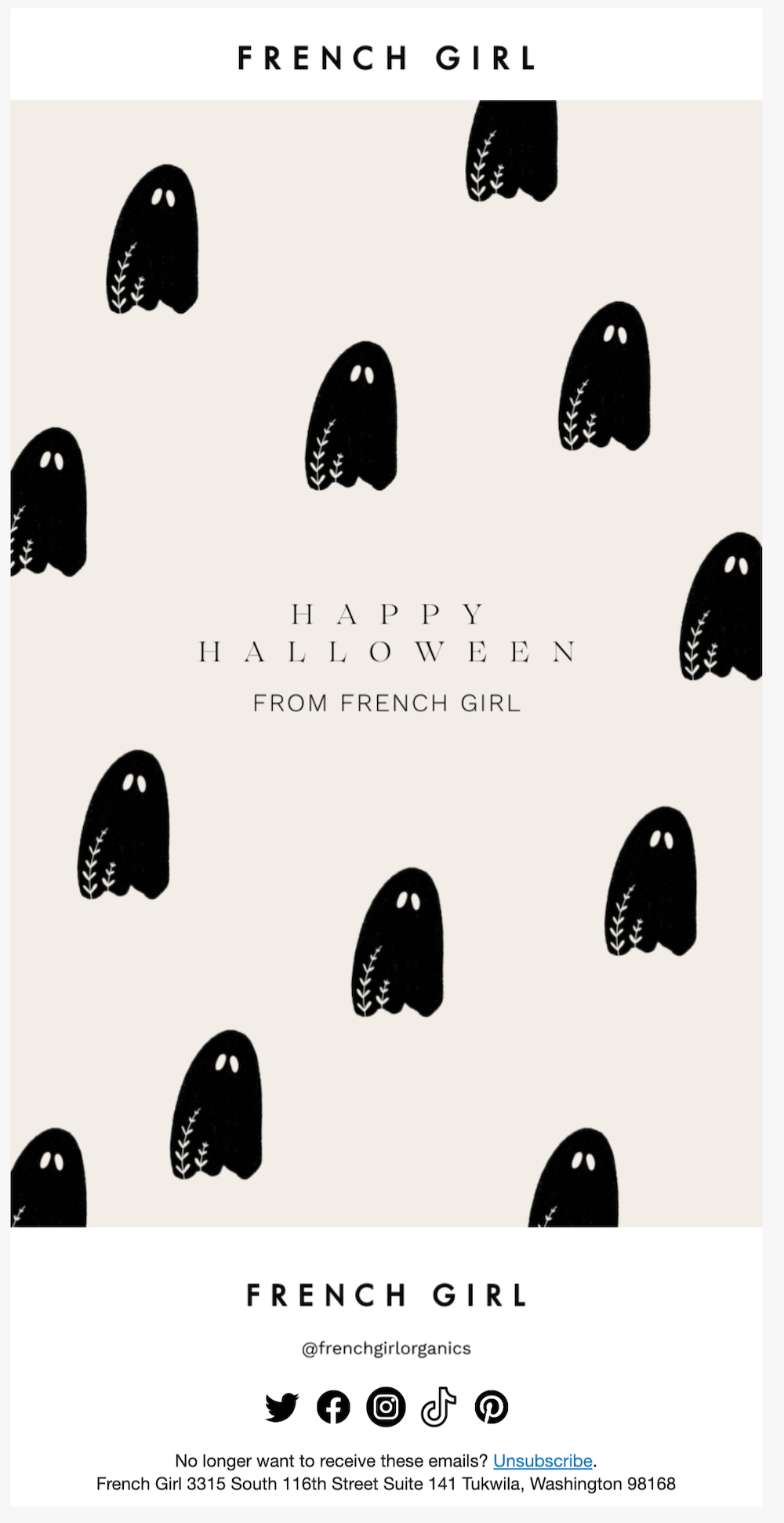 French-Girl-spiderwebs-halloween-treats Image shows a marketing email from French Girl showing drawing of ghouls