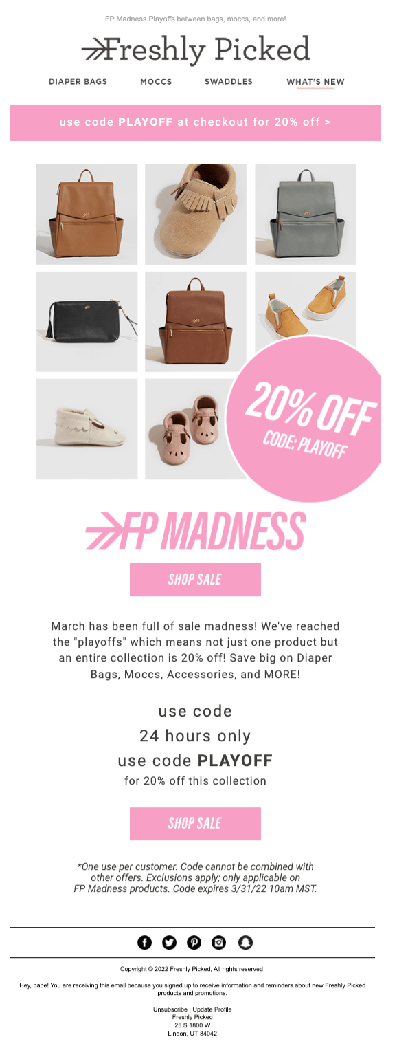 Image shows a March Madness marketing email from Freshly Picked