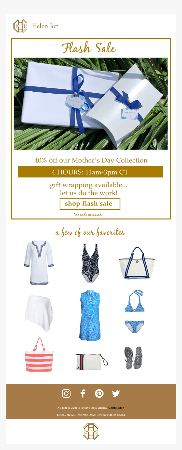 Helen-Jon-Mother’s-Day-email-gift-giving Image shows a mother’s day email campaign from Helen Jon