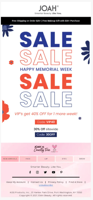 Image shows a Memorial Day email marketing campaign from Joah