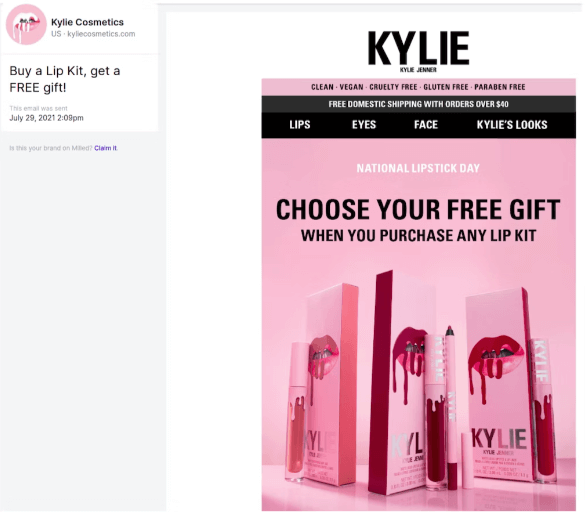 Image shows a marketing email from Kylie Cosmetics
