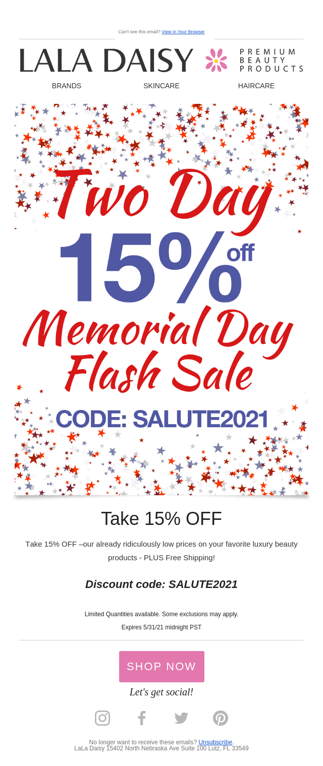 Image shows a Memorial Day email campaign from Lala Daisy