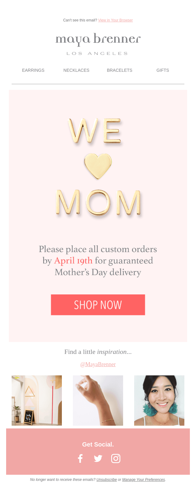 Image shows a mother’s day email campaign from Maya Brenner