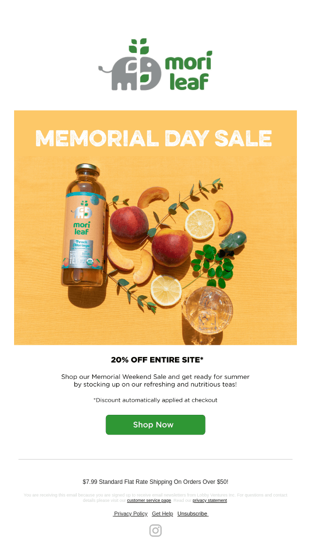  Image shows a Memorial Day email campaign from Mori Leaf