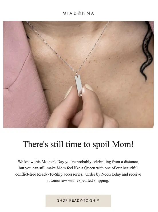 Image shows a Mother’s Day email from Miadonna
