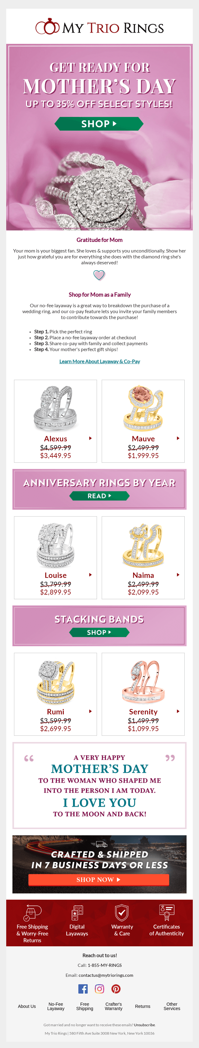 Image shows a mother’s day email campaign from My Trio Rings