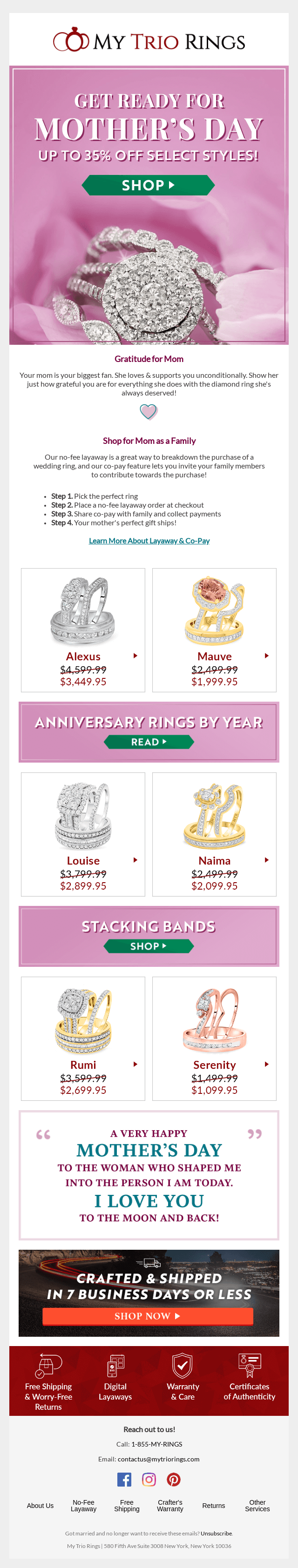 My-Trio-Rings-Mother’s-Day-email-mother’s-day-giveaway Image shows a mother’s day email campaign from My Trio Rings