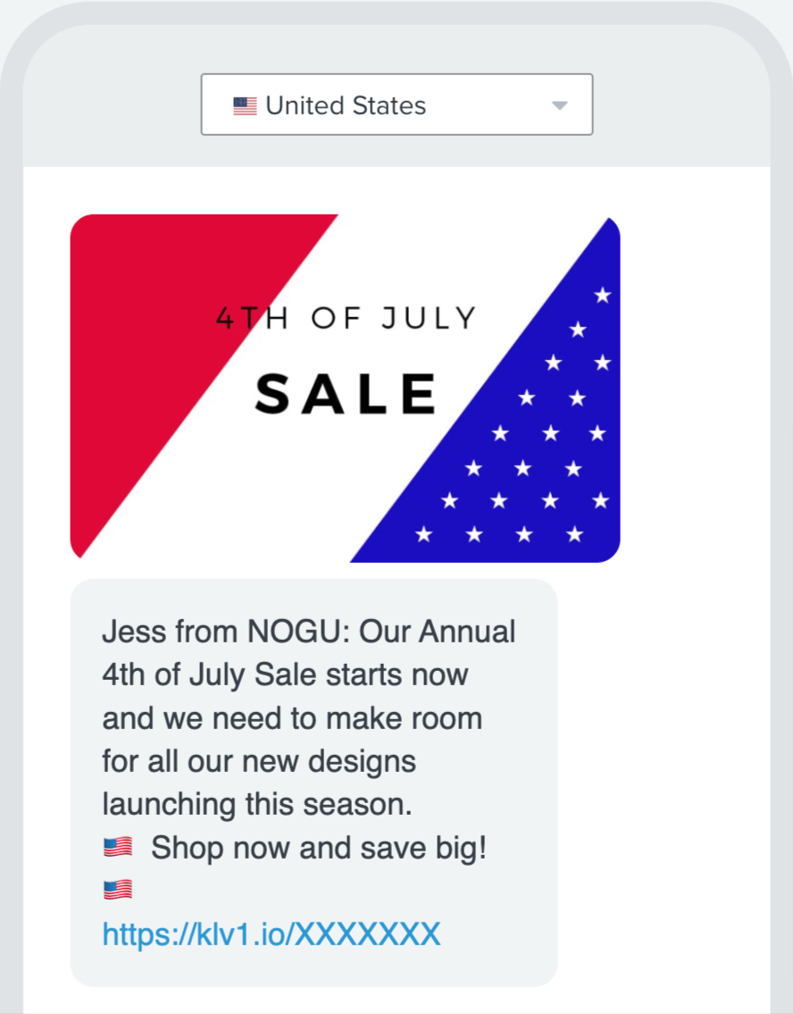 NOGU-SMS-4th-of-July-marketing Image shows a SMS message promoting a July 4th sale