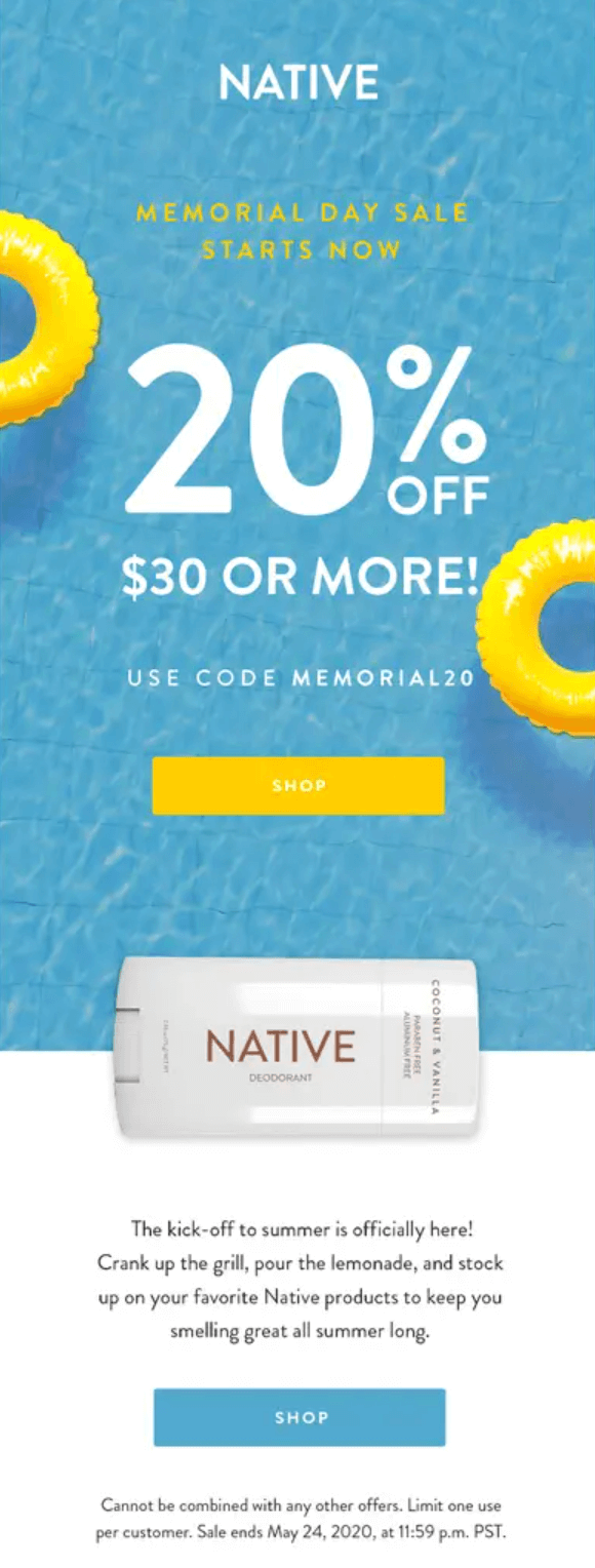 Image shows a Memorial Day email marketing campaign from Native