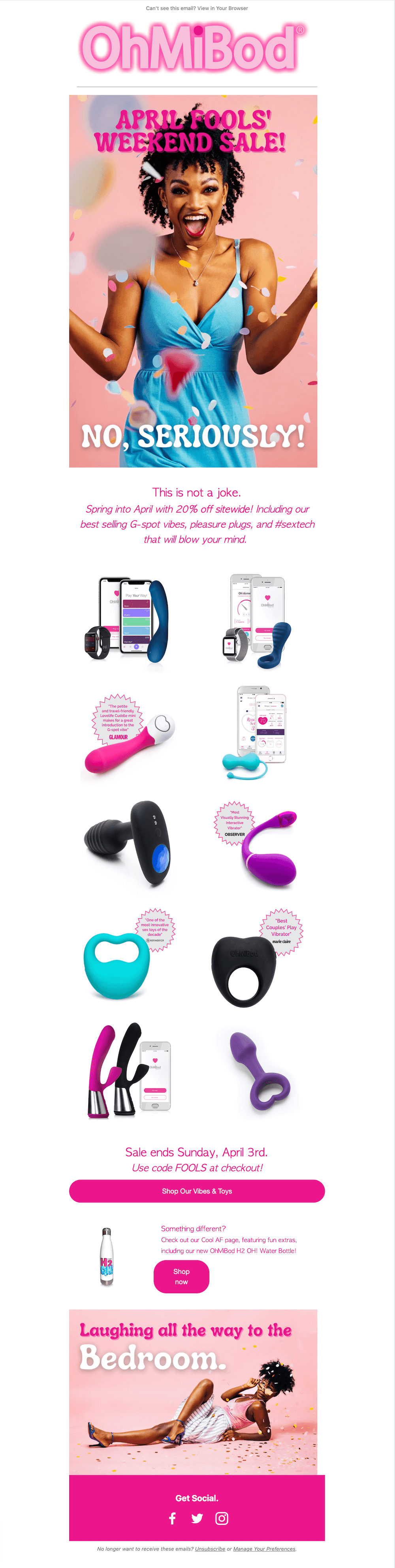 Image shows an April Fools’ Day email from OhMiBod