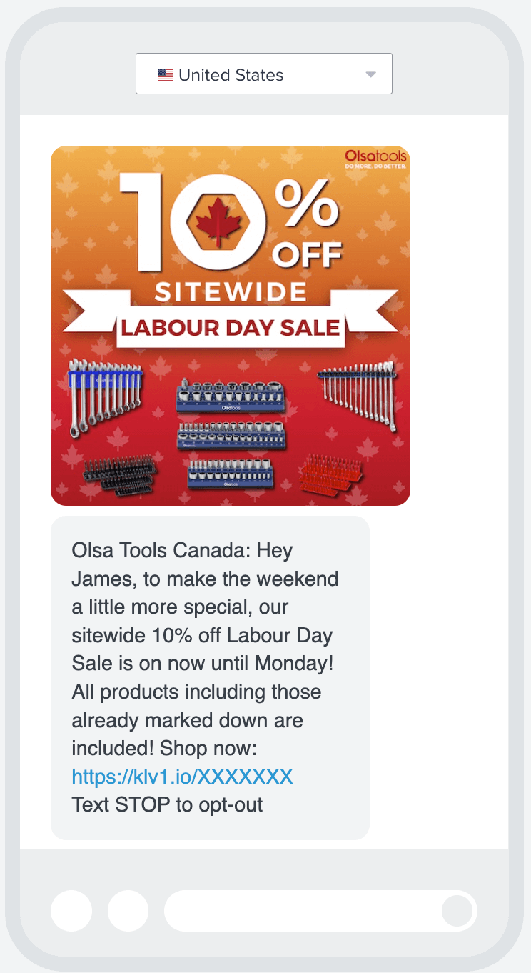 Image shows an MMS marketing message from Olsa Tools Canada