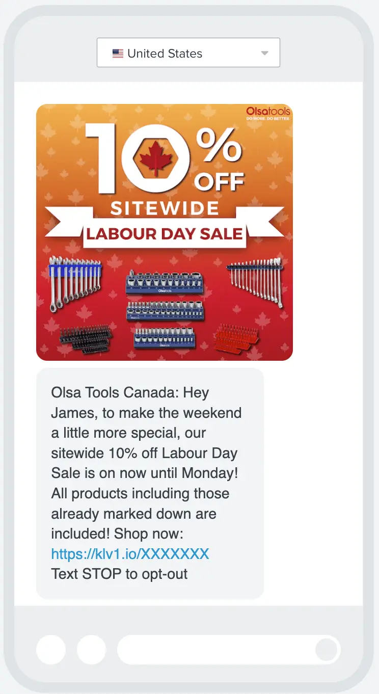 Image shows an MMS marketing message from Olsa Tools Canada