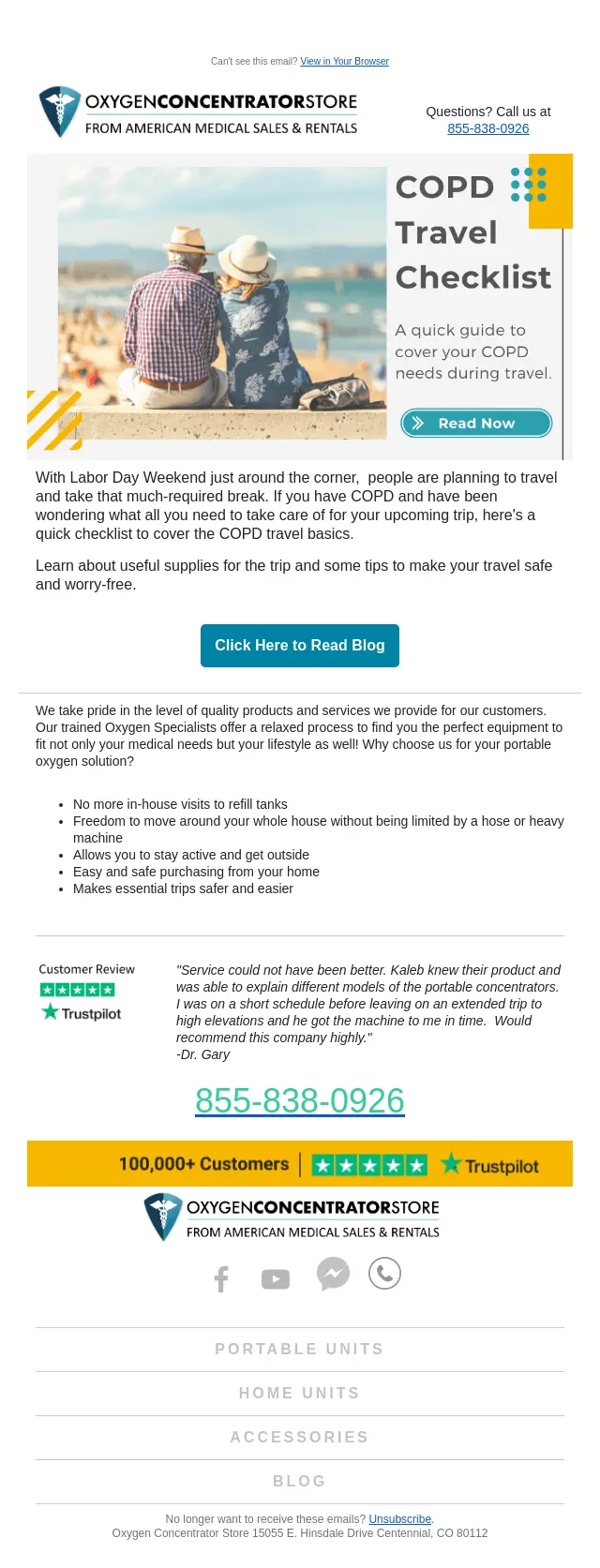 Image shows a marketing email from the Oxygen Concentrator Store