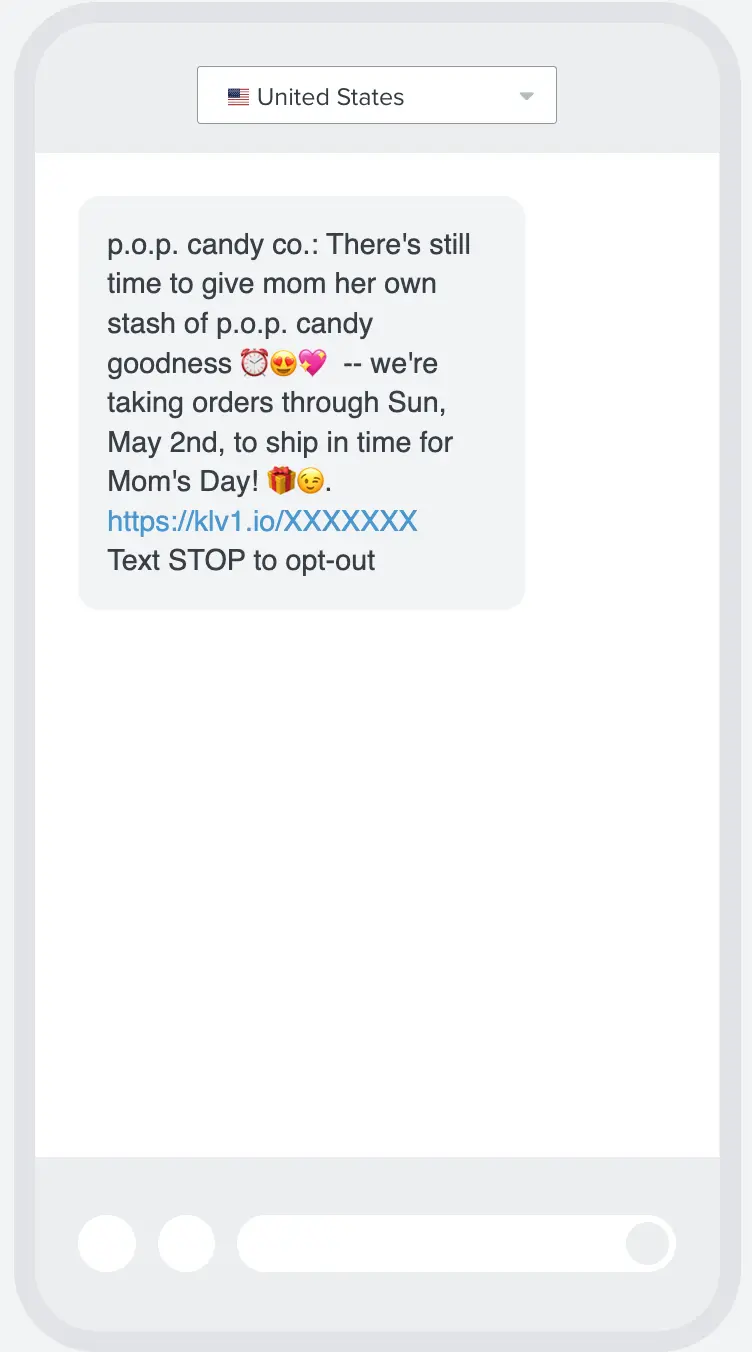 Image shows a mother’s day SMS campaign from POP Candy