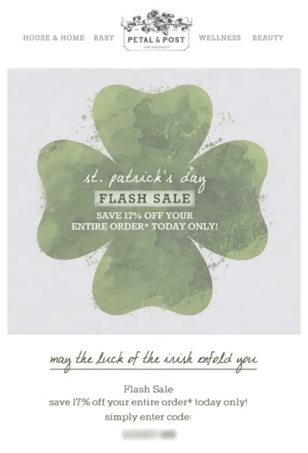 Image shows a St. Patrick’s Day marketing email from Petal & Post