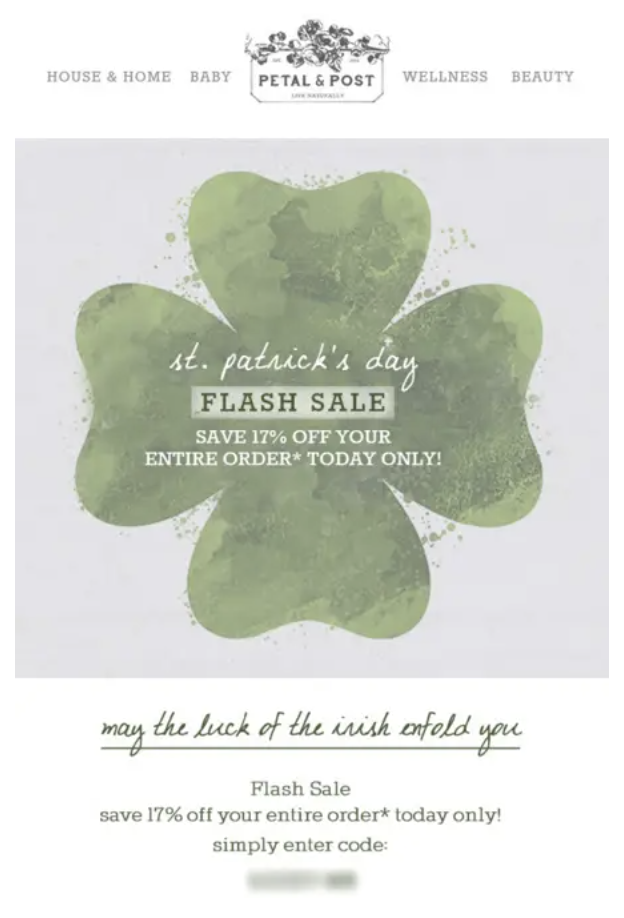 Petal & Post Image shows a St. Patrick’s Day marketing email from Petal & Post