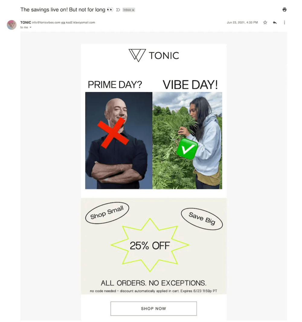 Image shows a Prime Day marketing email from TONIC