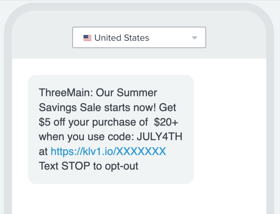 Image shows a SMS message promoting a July 4th sale