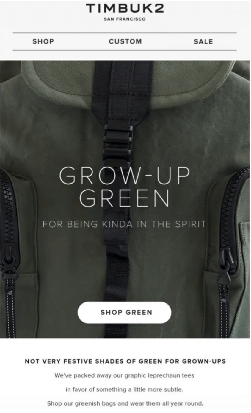 Image shows a St. Patrick’s Day marketing email from Timbuk2