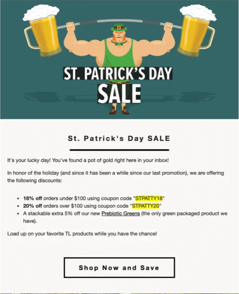 Image shows a St. Patrick’s Day marketing email from Transparent Labs