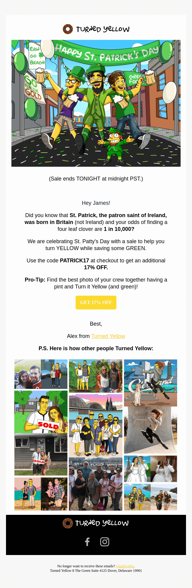 Image shows a St. Patrick’s Day email campaign from Turned Yellow