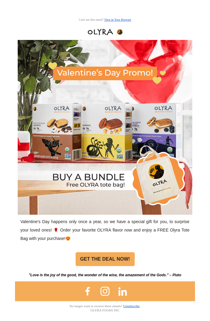 Valentine’s-Day-marketing-campaign-Olyra Image shows a Valentine’s Day email from Olyra