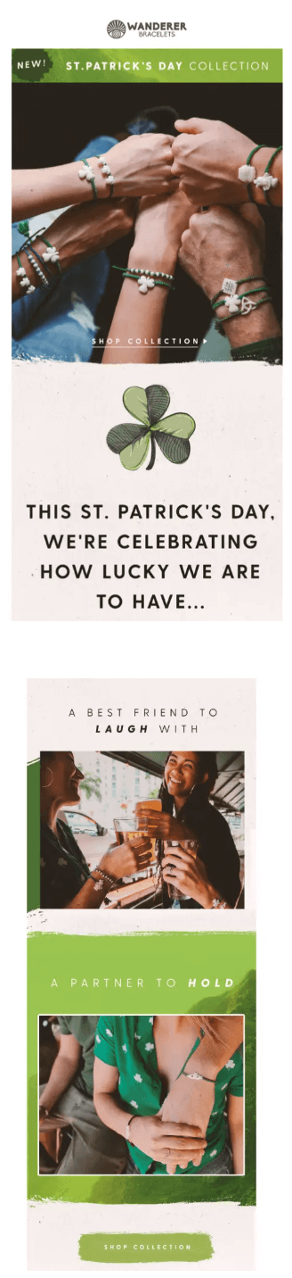 Image shows a St. Patrick’s Day email campaign from Wanderer Bracelets